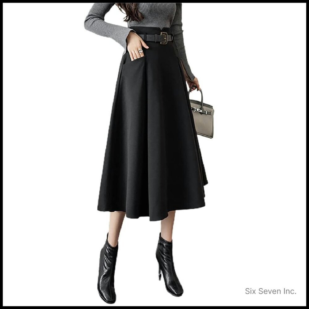 Wool Midi Skirt High Waisted A-Line Pleated Belted Elegant Winter Chic